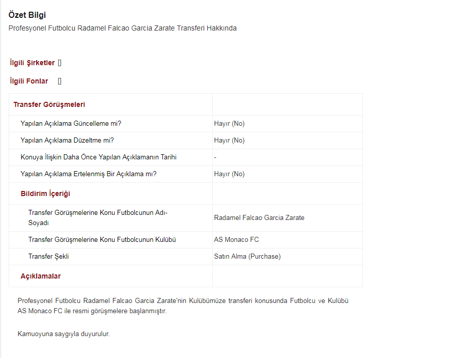 Mutlu Son Falcao Galatasaray'da! KAP Açıklaması Geldi