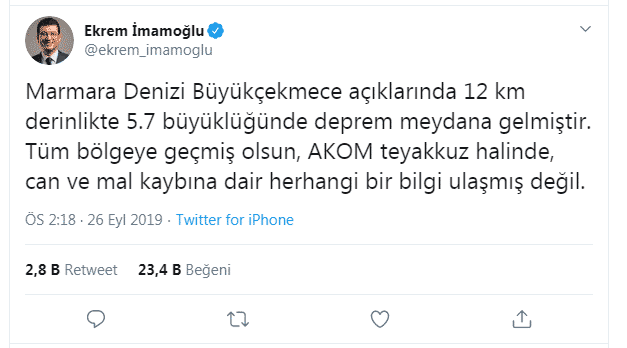 Deprem Ardından İmamoğlu'ndan İlk Açıklama Geldi!
