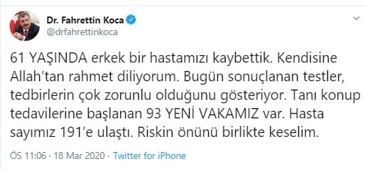Son Dakika: Türkiye'de Koronavirüsten Bir Kişi Daha Hayatını Kaybetti!
