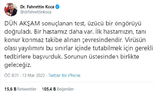 Türkiye'de Bir Kişide Daha Koronavirüs Tespit Edildi