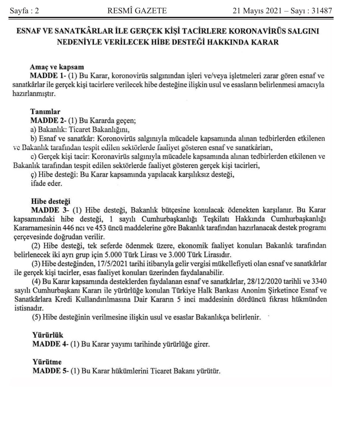 Esnafa Hibe Desteği Yürürlükte!