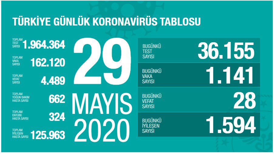 29 Mayıs Türkiye Koronavirüs Tablosu