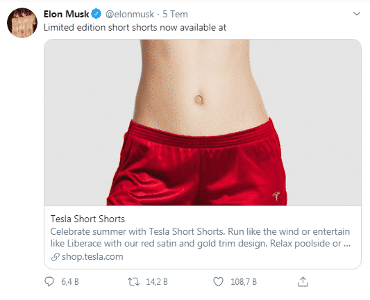 Tesla Markasına Ait Tasarlanan Şort Musk'ın Duyurması Üzerine Anında Tükendi!